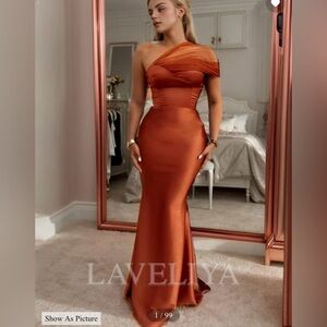 Laveliya rust satin chiffon shoulder fit and flare gown 8